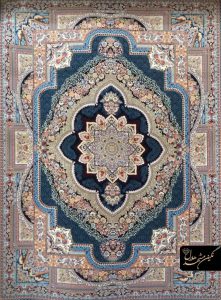 فرش کاشان طرح باغ معلق سرمه ای