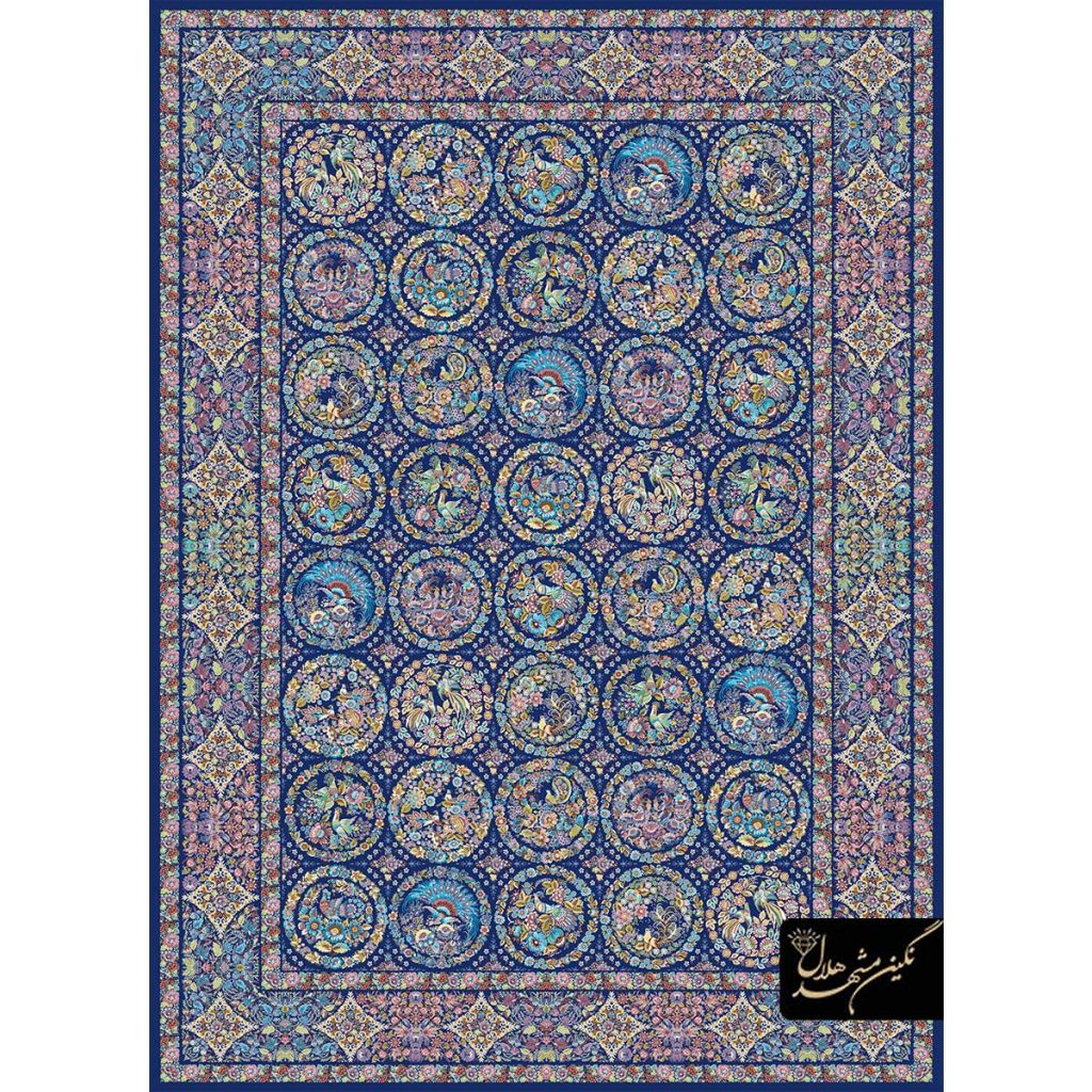 فرش ابریشم طرح خشتی کد 1034 زمینه سرمه ای