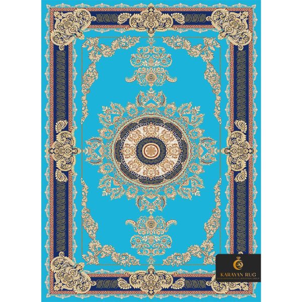 فرش طرح فرانسوی ابریشمی کد 1093 زمینه آبی فیروزه ای