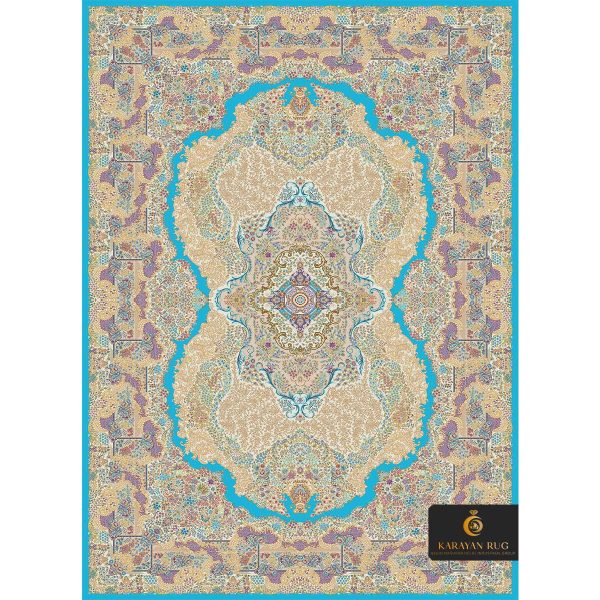 فرش کد 1095 زمینه آبی فیروزه ای ابریشمی 1500 شانه